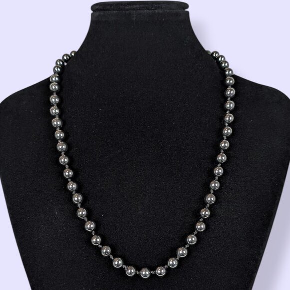 V. Knotted Hematite Beaded Necklace - Picture 1 of 5